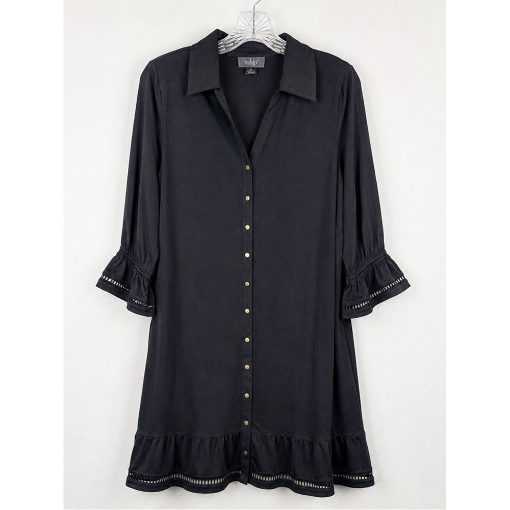 Belldini Black Shirt Dress XS Ladder Trim Button Front Ruffle Hem Boho Goth